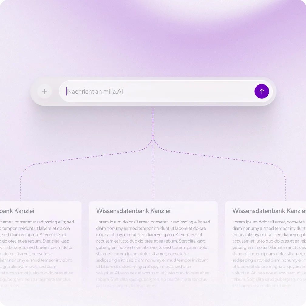 Search bar with German placeholder text 'Nachricht an milia.AI' and three connected text blocks below on a light purple background.