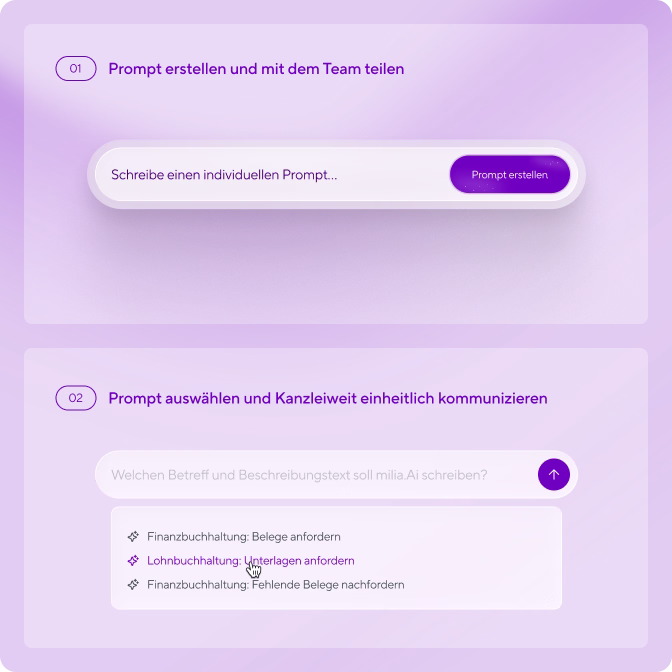 Two-step process interface: Step 1 shows a prompt creation bar with the text 'Schreibe einen individuellen Prompt' and a purple 'Prompt erstellen' button; Step 2 displays a dropdown list for selecting prompts within a communication platform.