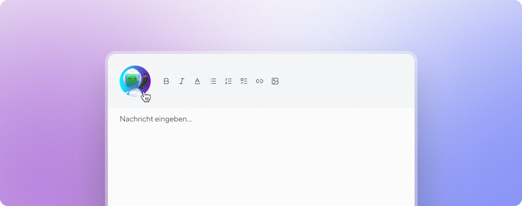 Text input box with formatting options and a robot avatar icon on a purple gradient background.