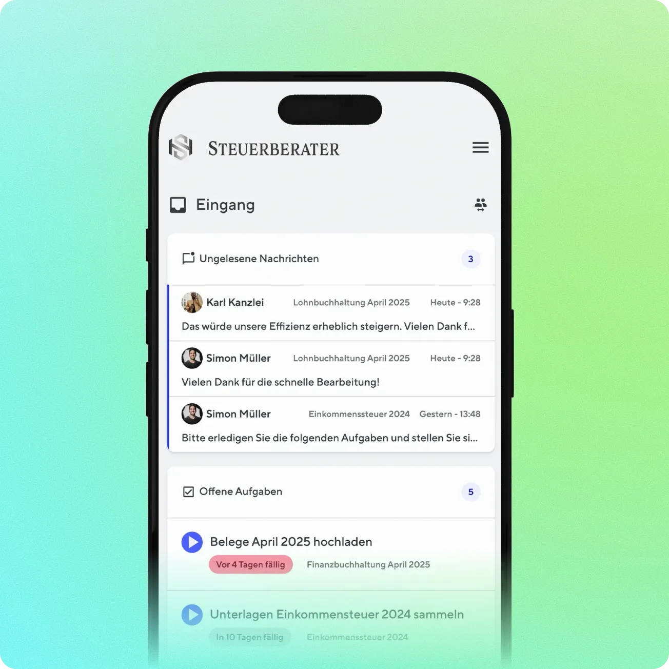 Smartphone screen showing a German tax advisor app inbox with unread messages and open tasks, including uploading April 2025 receipts and collecting 2024 income tax documents.