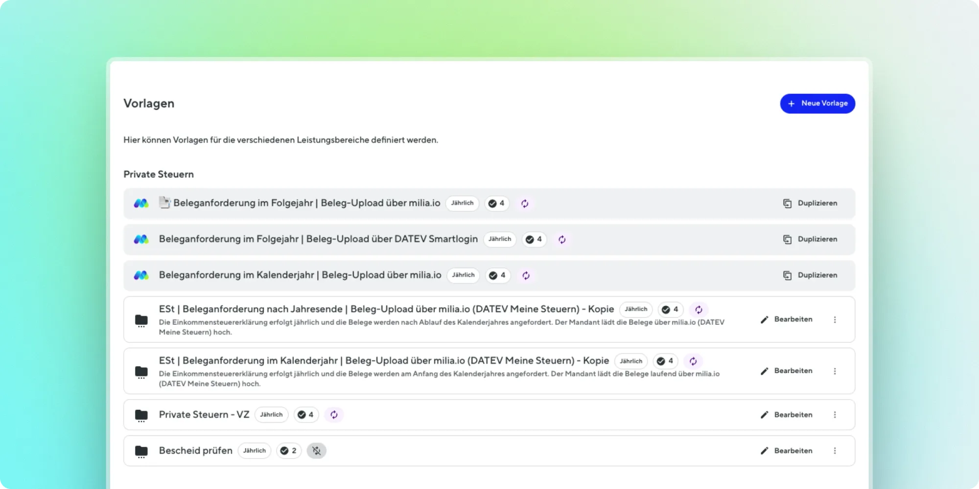 Hero-Ansicht der Workflow-Vorlagen für wiederkehrende Kanzleiprozesse in milia.io