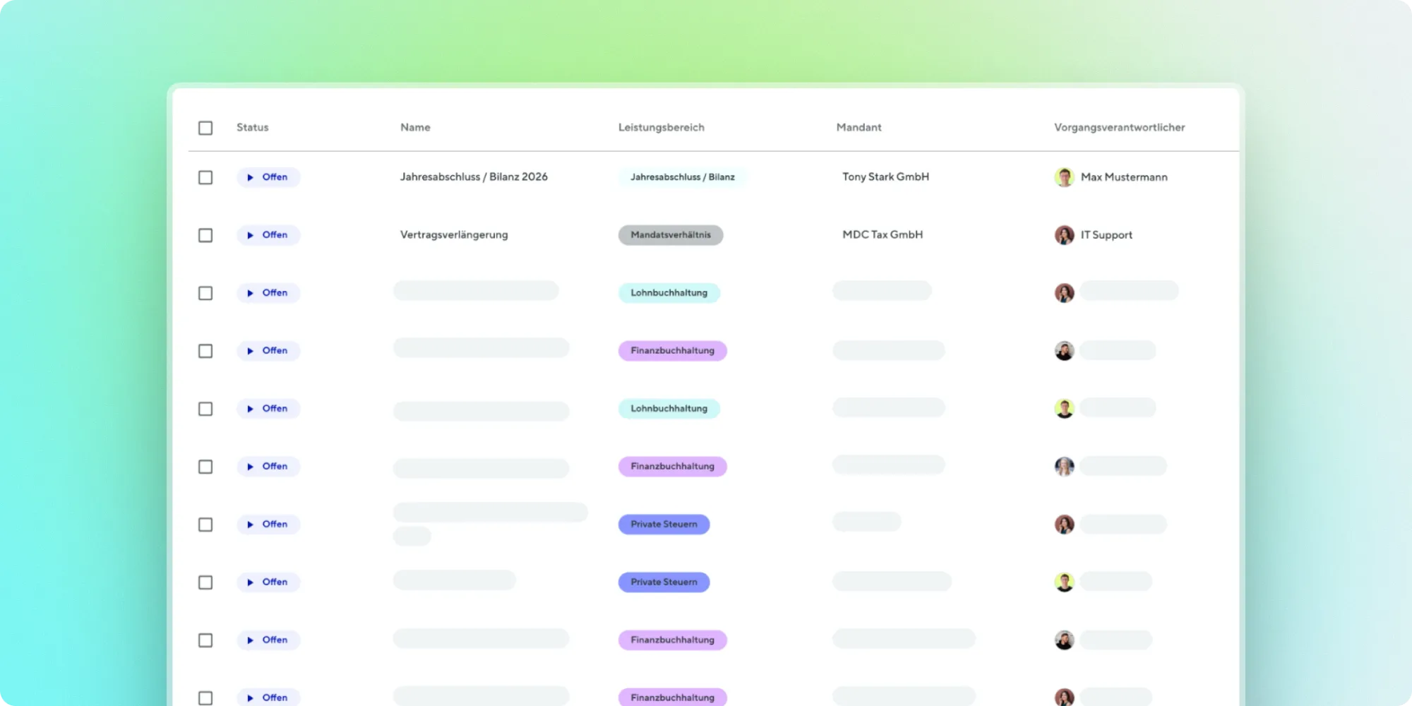 Alternative Ansicht des Vorgangsmanagements in milia.io mit Vorgangsliste