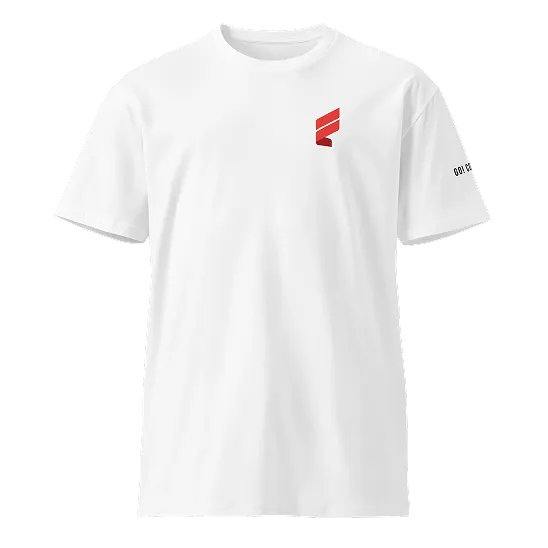 White T-shirt with a small red geometric logo on the left chest and black text on the right sleeve.