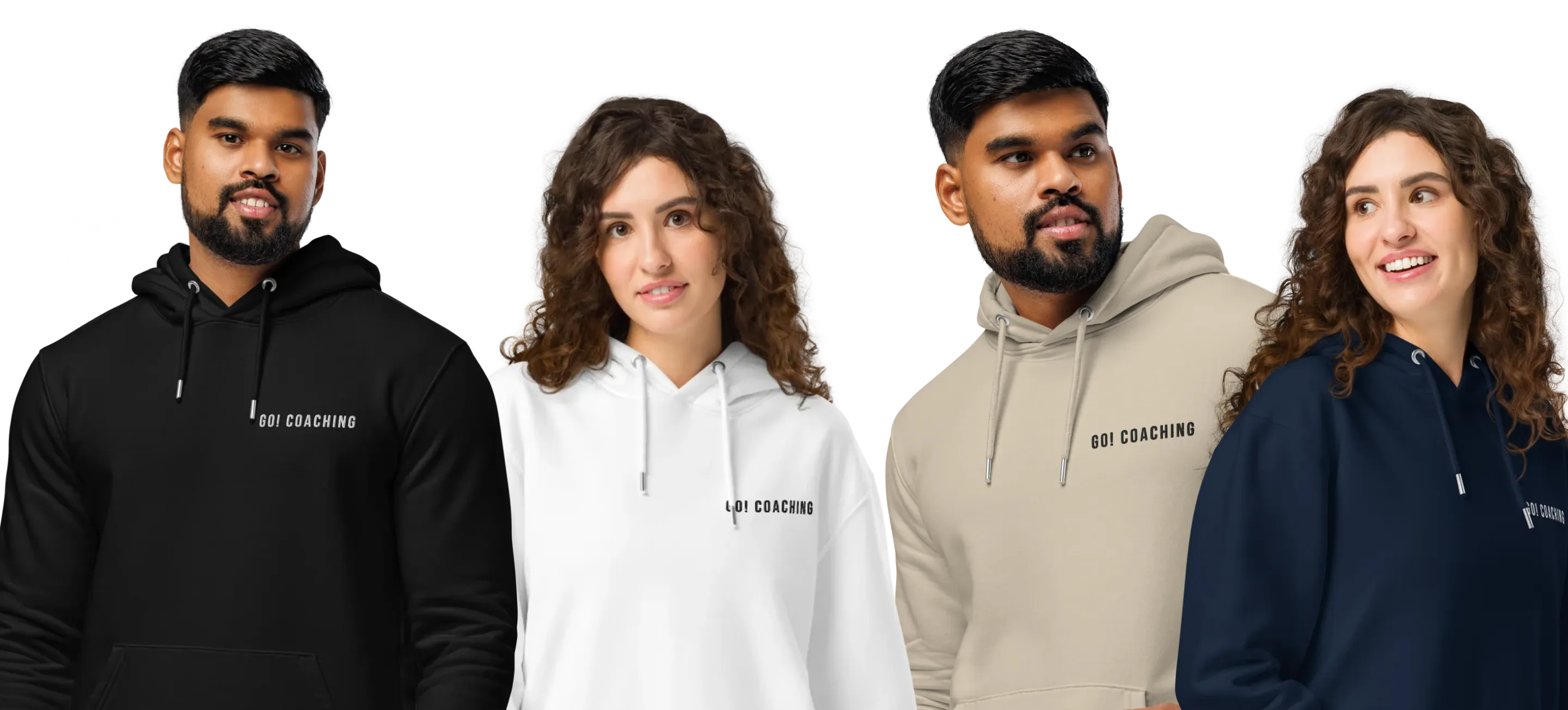 Two models wearing hoodies with 'GO! COACHING' text in black, white, beige, and navy blue colors.