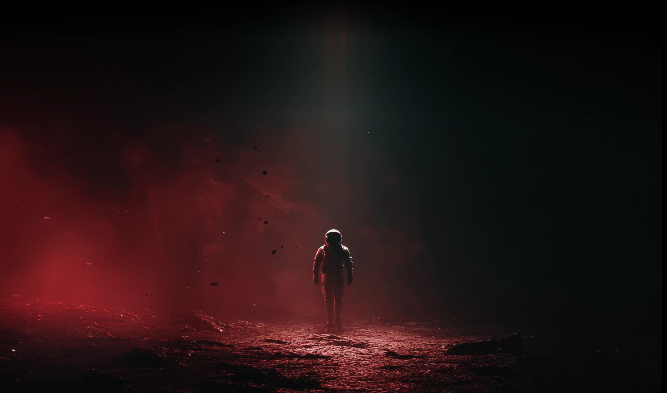 Astronaut standing on a rocky, red-lit surface with dark space surrounding and particles floating around.