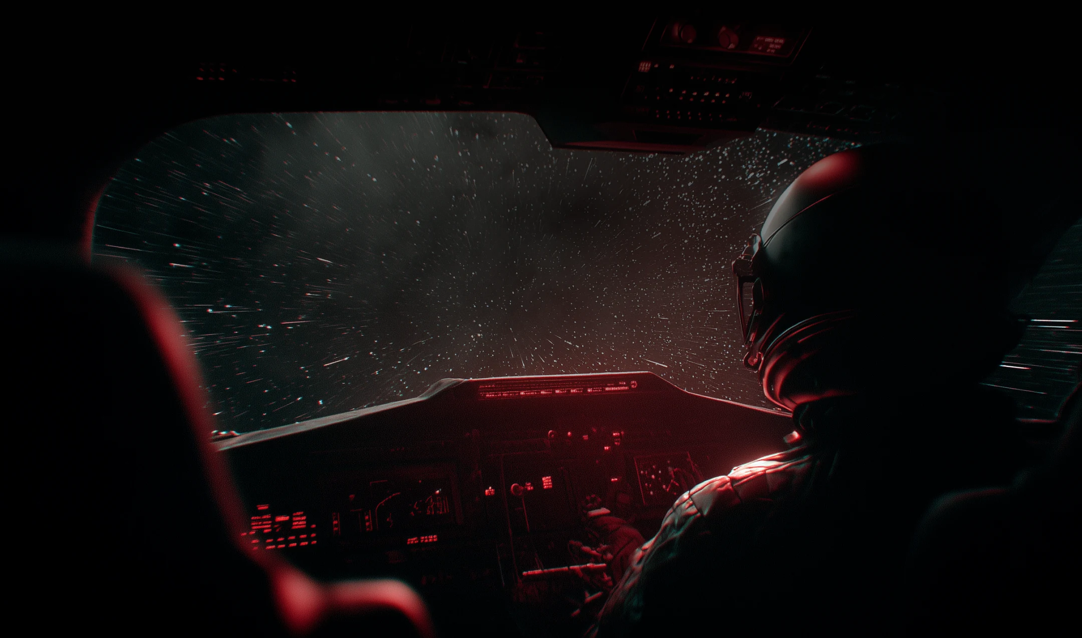 Person wearing a helmet in a dark cockpit flying through space with stars streaking past.