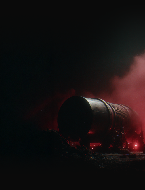 Large industrial cylindrical tank illuminated by red lights with smoke or steam around it in a dark environment.