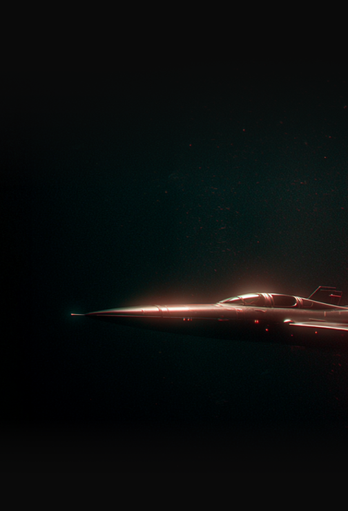 Side view of a sleek futuristic jet aircraft glowing faintly against a dark background.