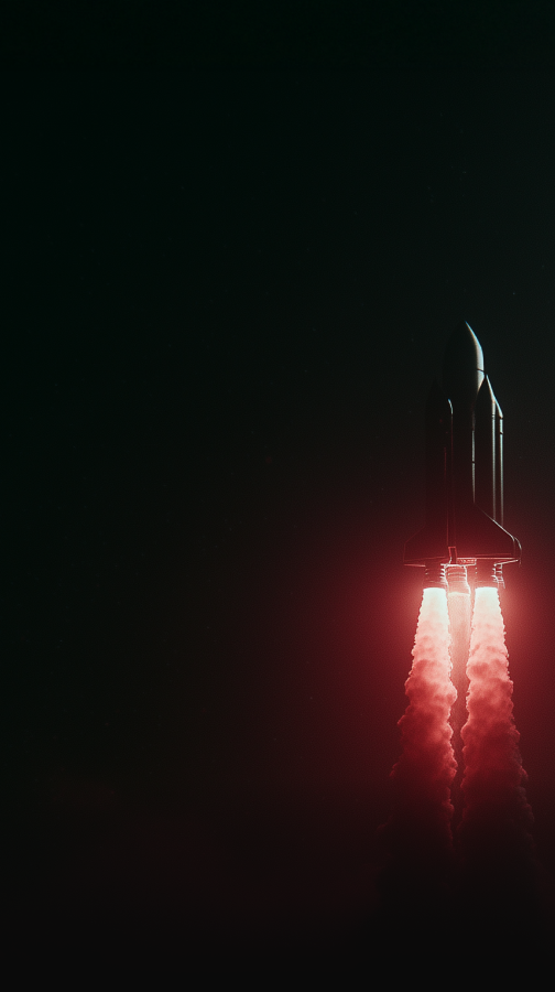 Rocket launching with bright red flames and thick smoke against a dark night sky.