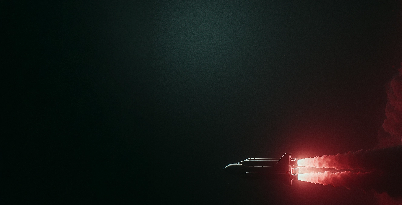 Space shuttle flying through darkness with bright red exhaust flames and smoke trailing behind.