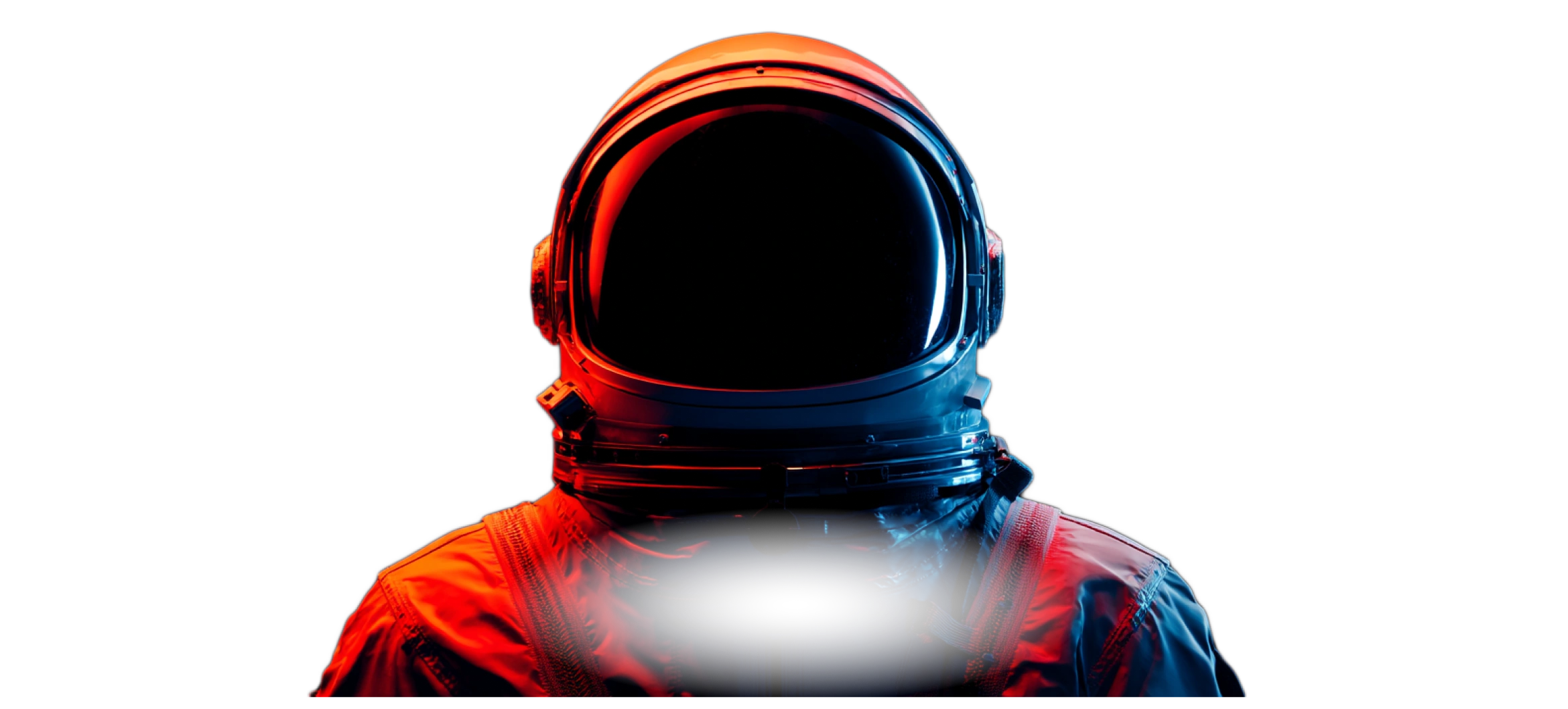 Backlit astronaut suit with red and blue lighting against a black background.