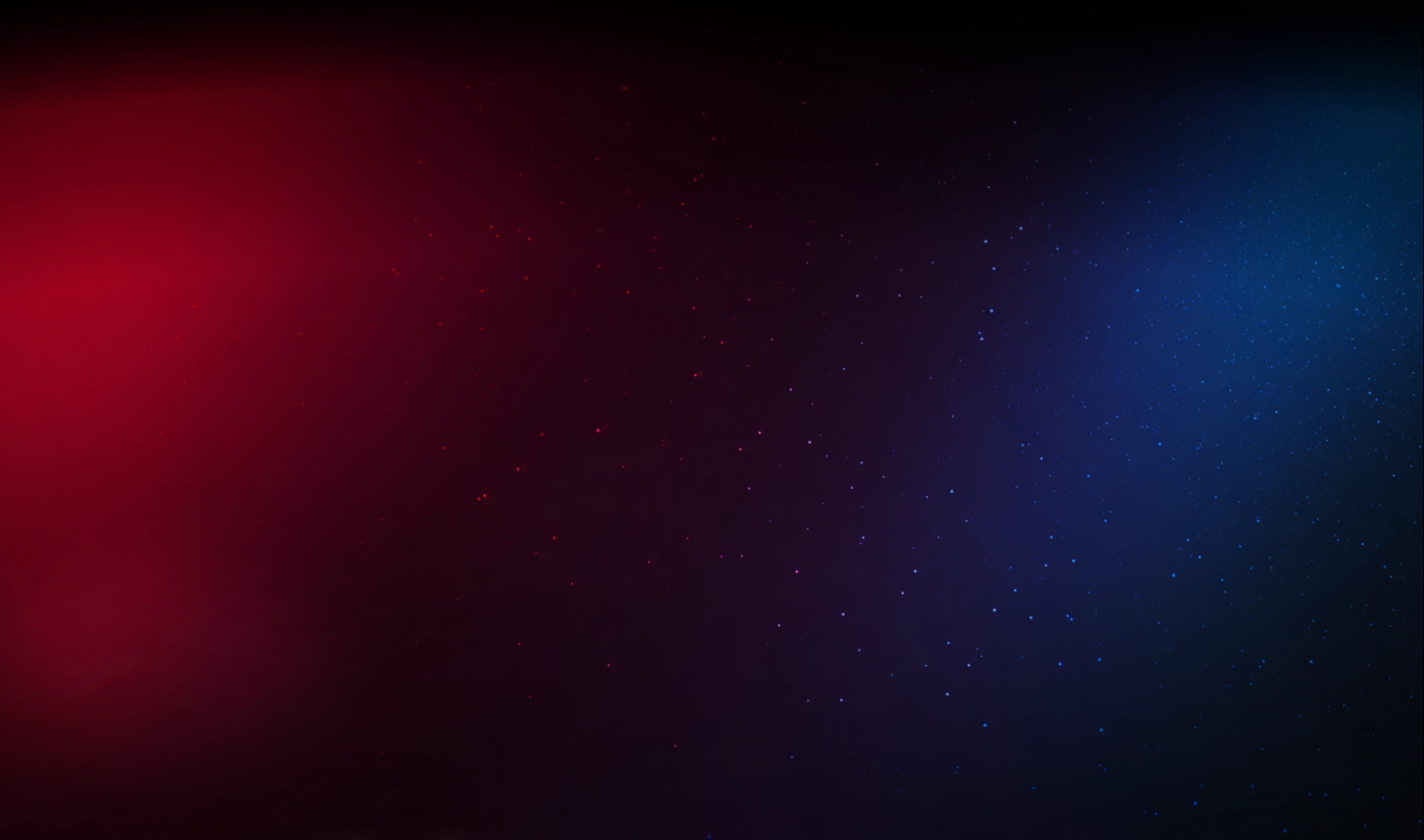 Abstract background with gradated red light on the left and blue light on the right, scattered with small glowing dots resembling stars.