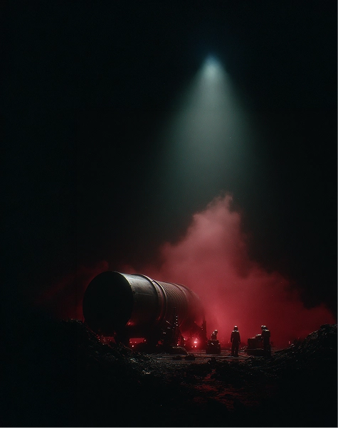 Large cylindrical spacecraft on a dark surface with red fog and four astronauts standing nearby under a beam of light.