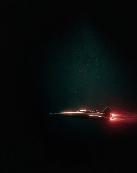 Jet aircraft flying at night with glowing red engine afterburner and illuminated outline against dark background.