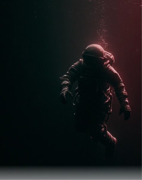A lone astronaut in a dark space suit floating in deep, dark water with bubbles rising above.