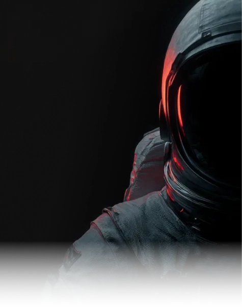 Close-up of an astronaut suit illuminated with red lighting on a dark background.