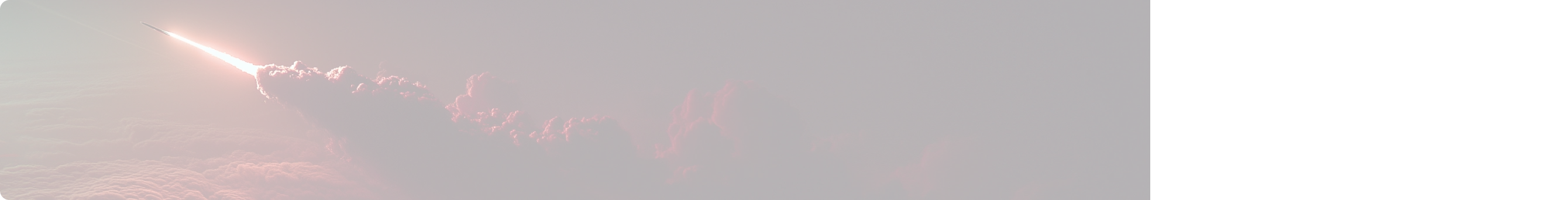 Rocket launching through dense red-tinged clouds into a dark sky.