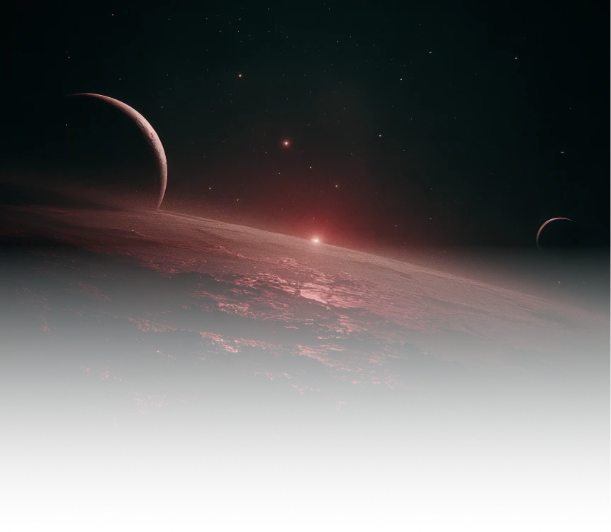 View of a rocky planetary surface with a red glow and two crescent moons against a starry dark sky.