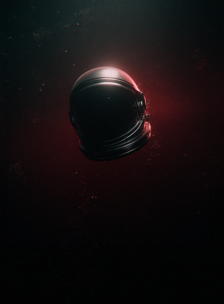Dark astronaut helmet illuminated with a red glow floating in a dark, space-like environment.