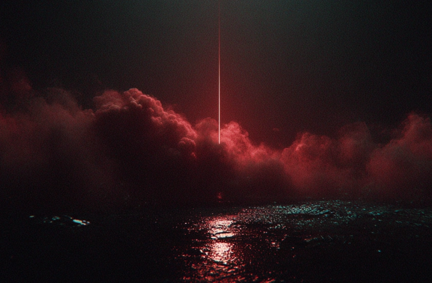 Red illuminated clouds with a narrow vertical beam of light piercing through, reflected on a wet surface below in a dark setting.