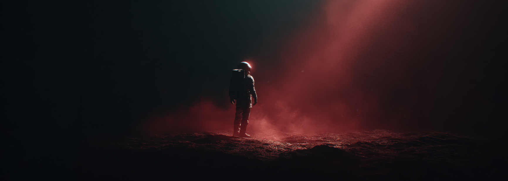 Astronaut standing on a dark, rocky surface illuminated by a red light beam in a smoky atmosphere.