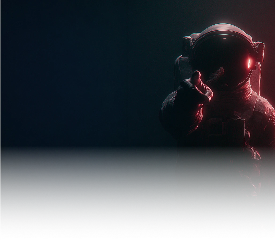 Astronaut in a dark suit reaching forward with a glowing red light illuminating part of the helmet and arm.