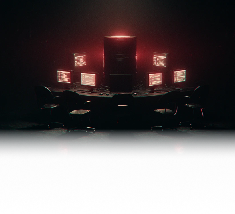 Dark room with a circular desk holding six computers with red glowing code on screens and empty office chairs around it.