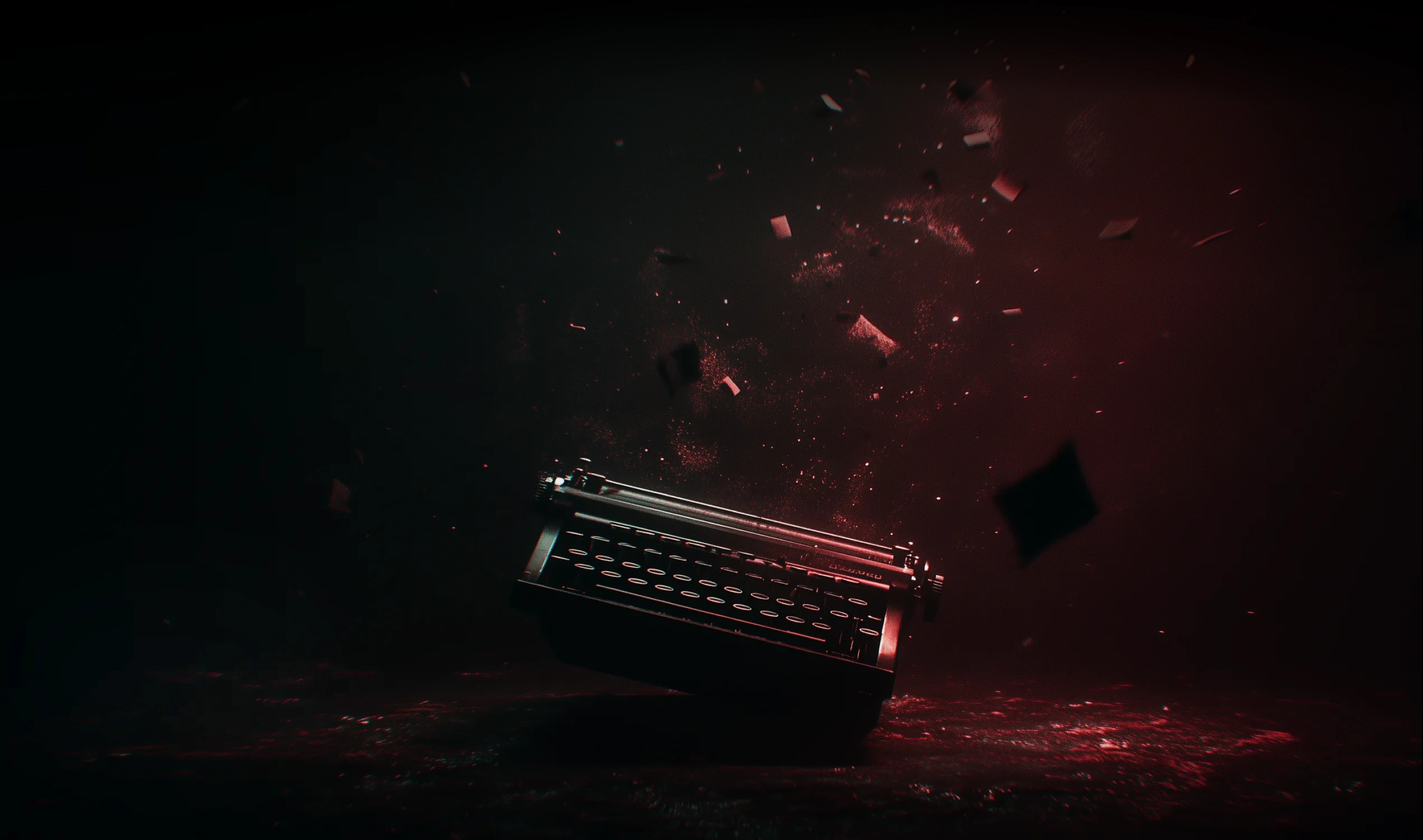 Vintage typewriter surrounded by floating fragments in a dark, red-tinged environment.