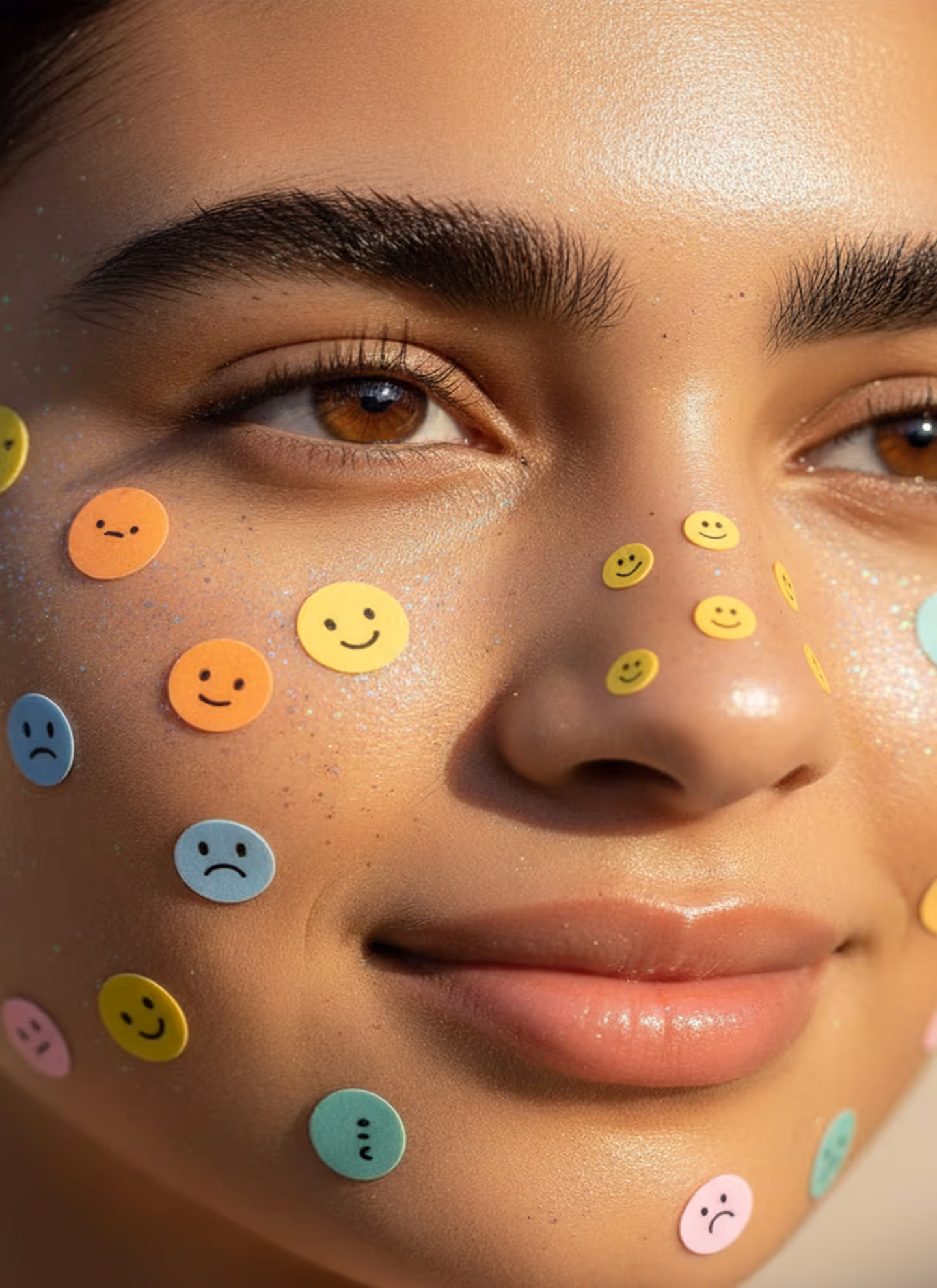Close-up of a smiling woman’s face with multicolored sad, happy, and neutral emoticon stickers on her cheeks and nose.