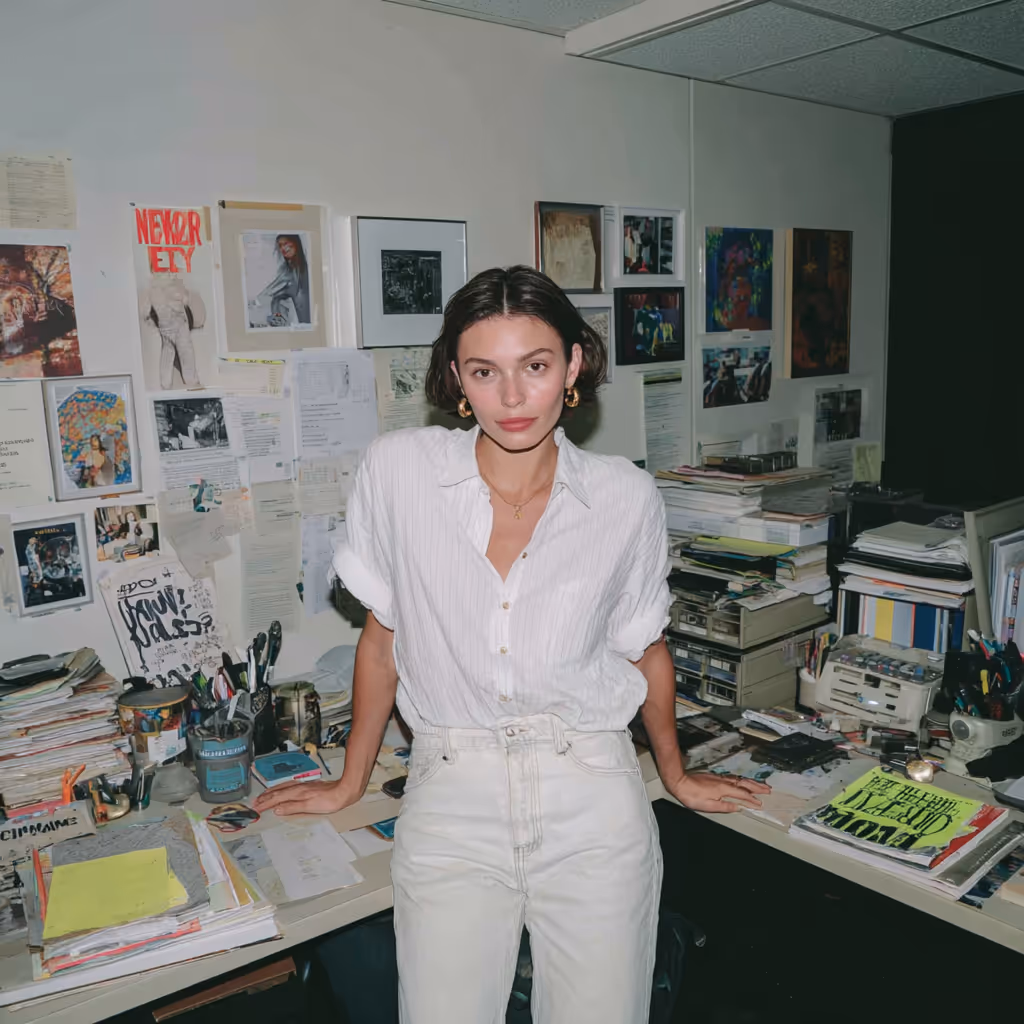 Young woman in a white shirt and pants leaning against a cluttered desk covered with papers and office supplies, with walls decorated with pinned photos and documents.