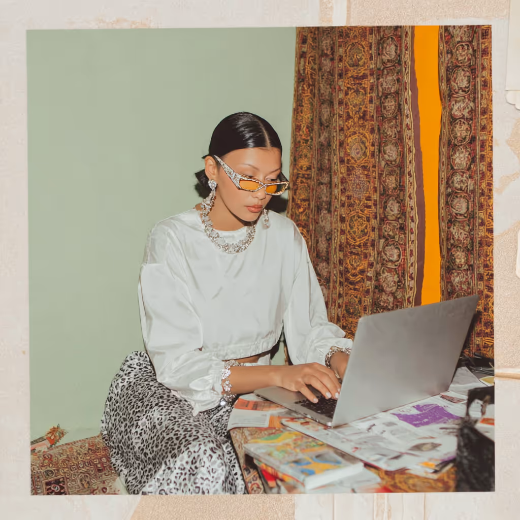 Woman wearing glasses and a purple sweater typing on a white keyboard at a desk with a white mouse and a coffee mug.