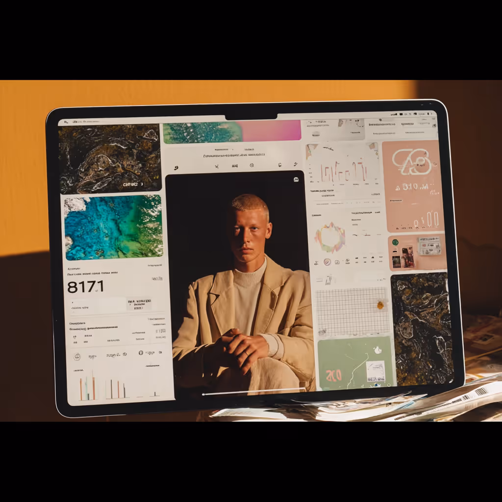 Tablet screen displaying a video call with a man in a beige jacket and sweater, surrounded by various data charts and images.