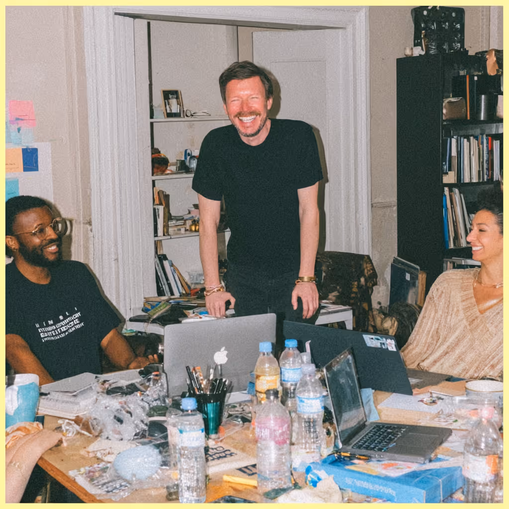 Close-up of a smiling woman’s face with multicolored sad, happy, and neutral emoticon stickers on her cheeks and nose.