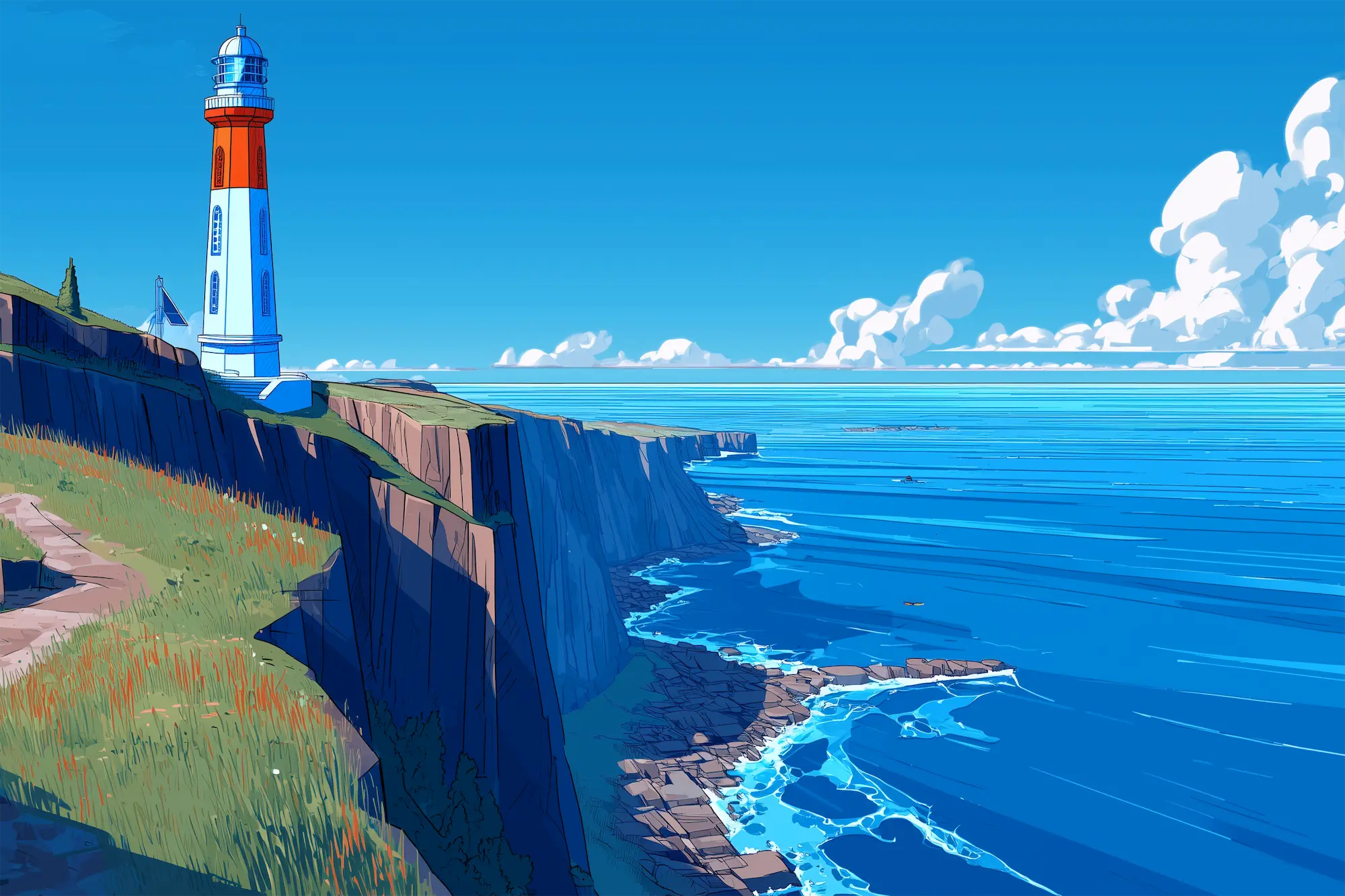 Illustration of a white and red lighthouse on a grassy cliff overlooking a blue ocean with waves and partly cloudy sky.