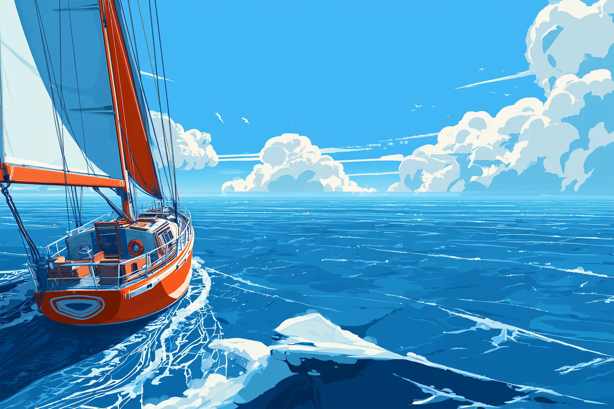 Illustration of a red sailboat navigating through icy blue waters under a bright sky with fluffy clouds.