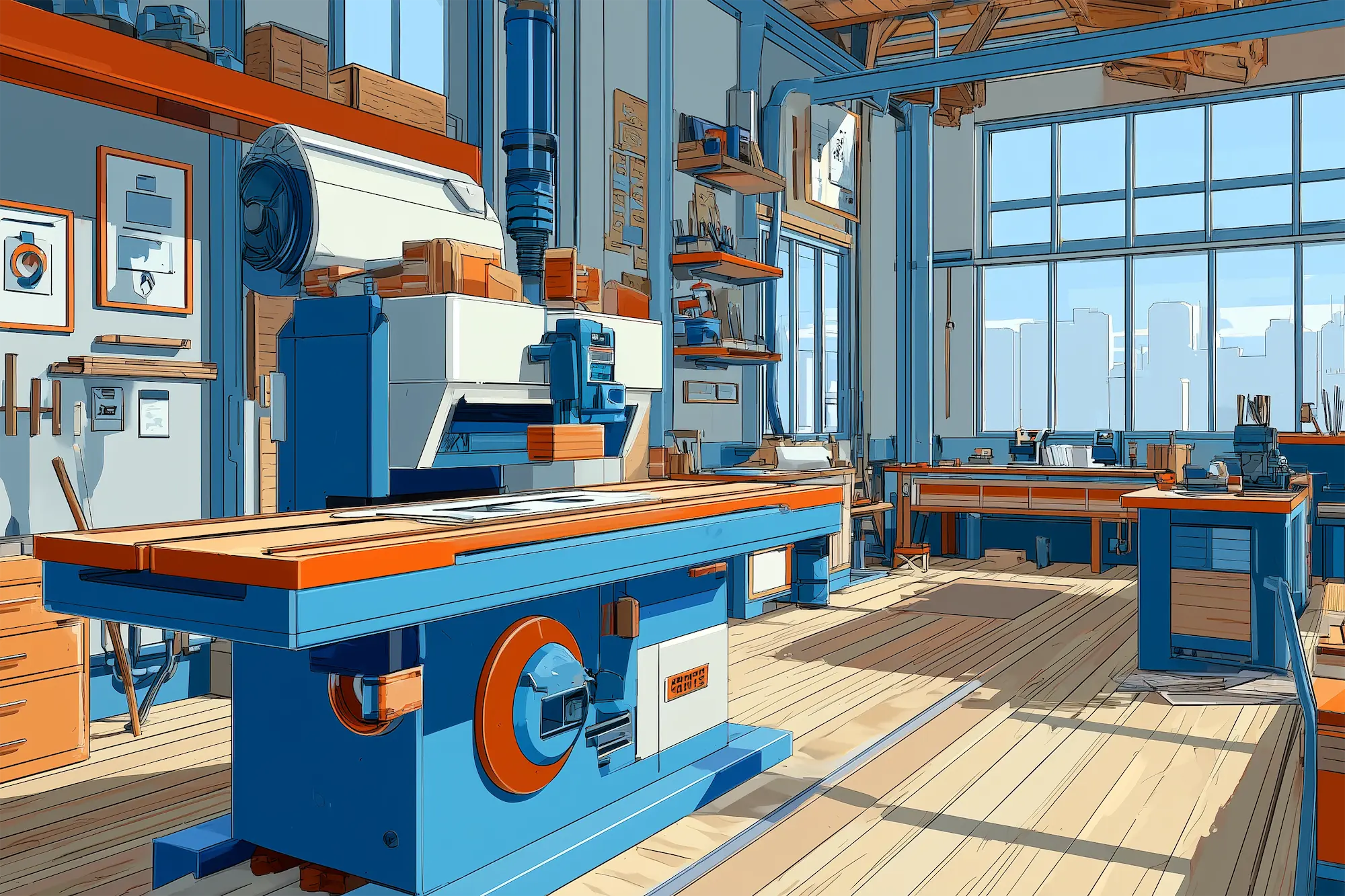 Bright, spacious woodworking workshop with large machinery, wooden workbenches, tools on shelves, and large windows showing a city skyline.