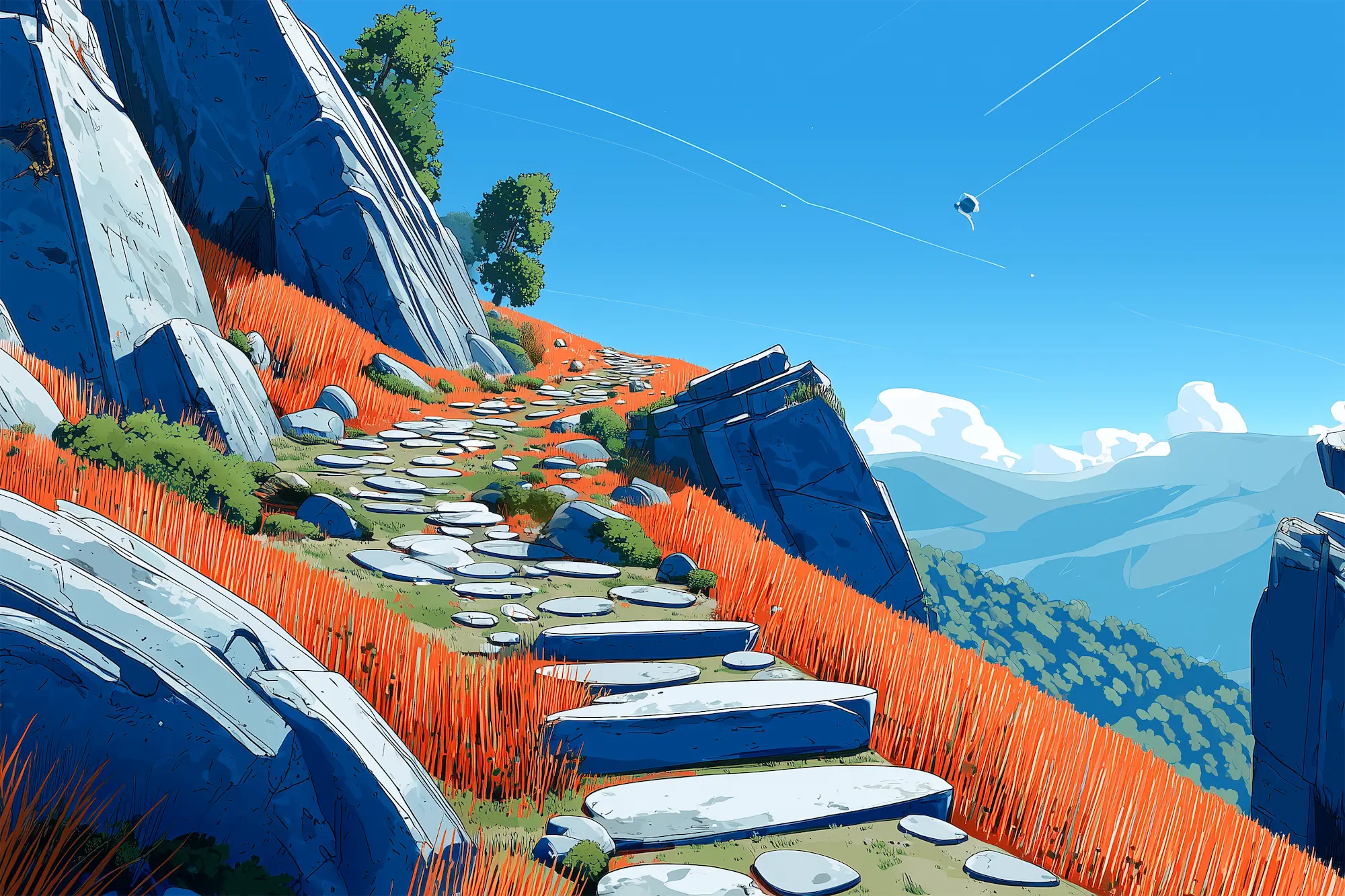 Stone path winding up a hill with bright orange grass, large blue-gray rocks, and distant blue mountains under a clear sky.