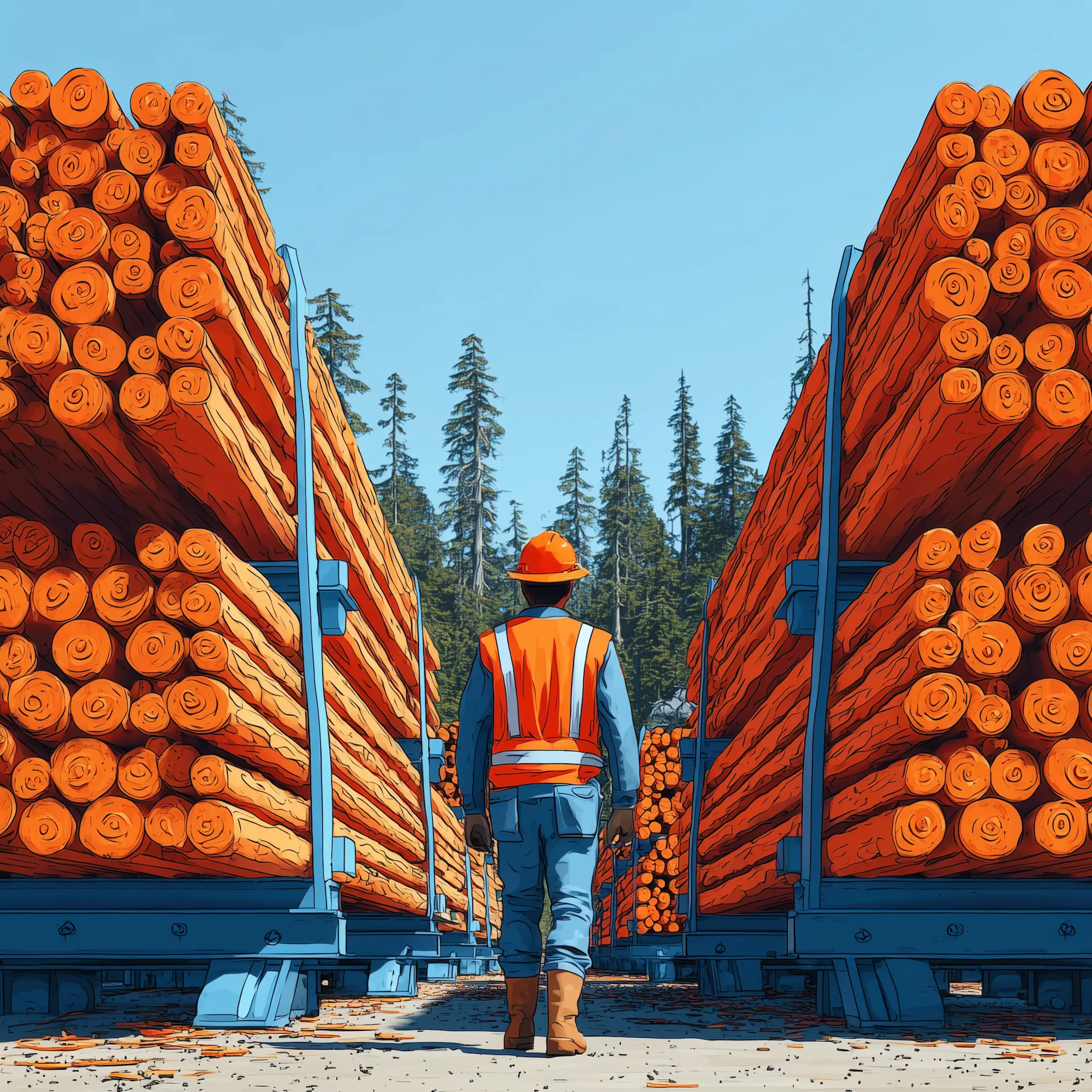Worker wearing an orange safety vest and helmet walking between large stacks of cut logs outdoors with trees and clear sky in the background.