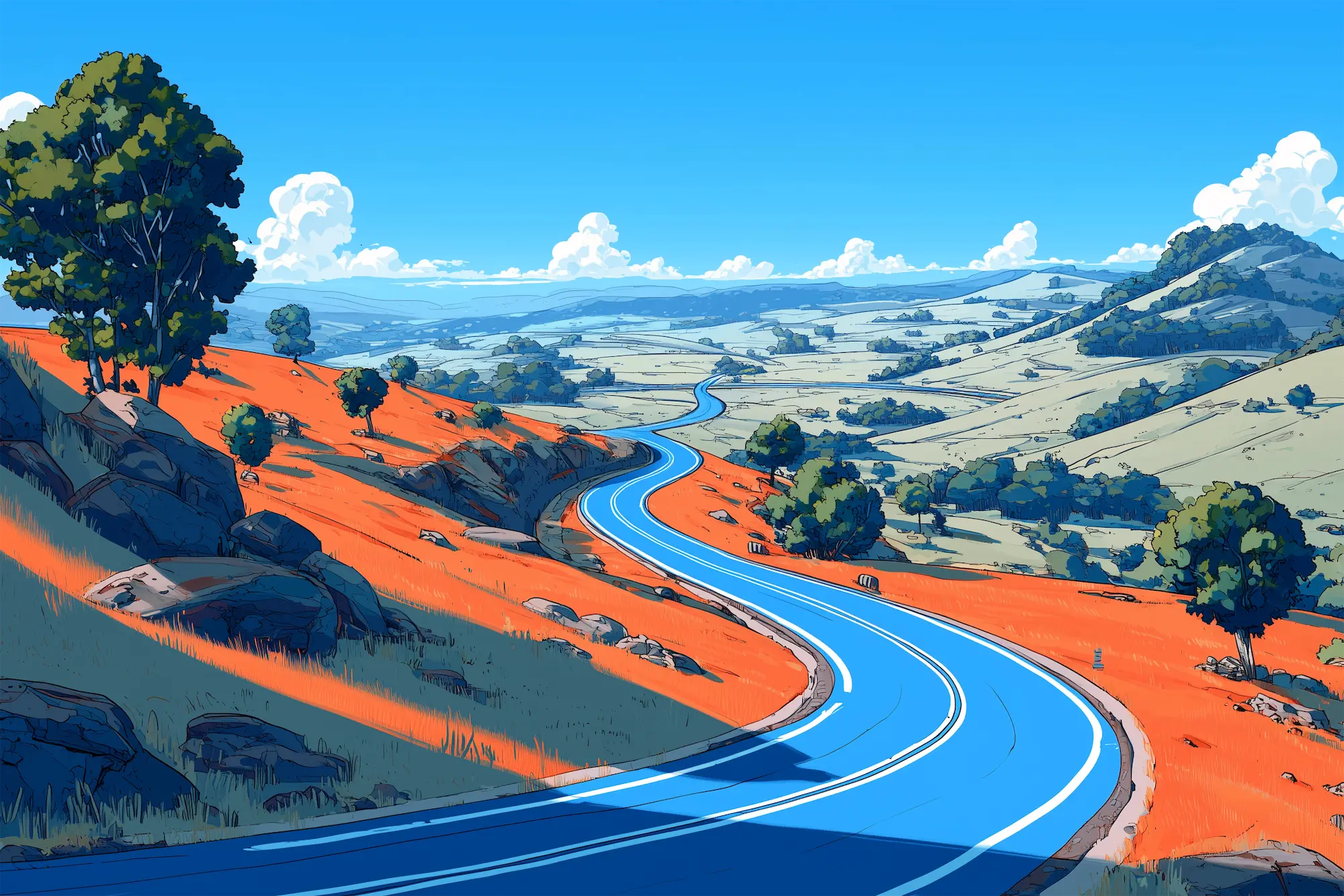 Winding blue road through vibrant orange fields with scattered trees and hills under a bright blue sky with clouds.
