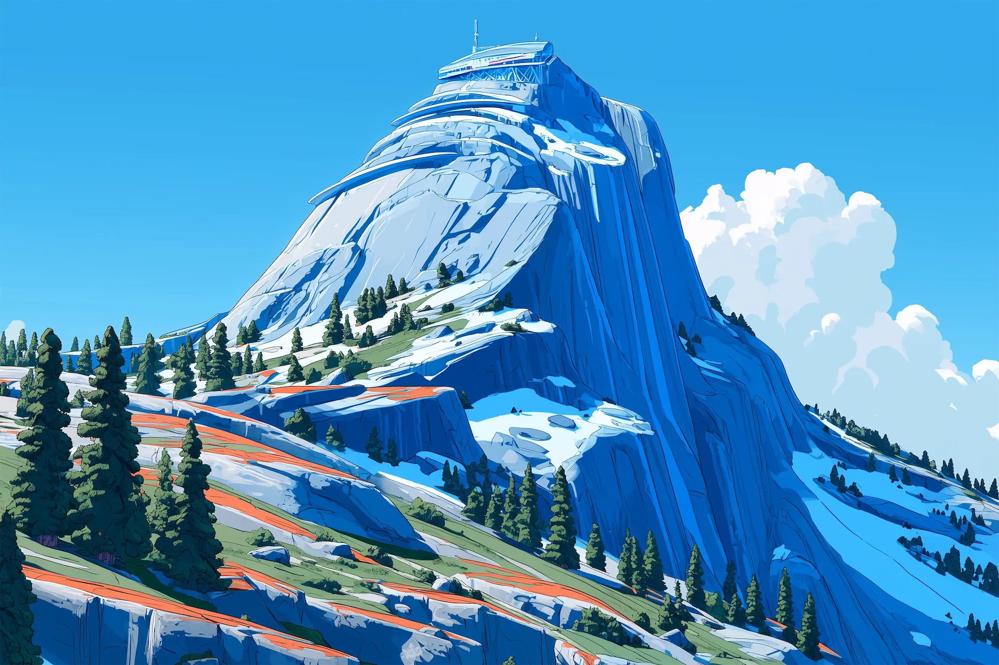 Stylized digital illustration of a large rocky mountain with patches of greenery and evergreen trees under a clear blue sky with clouds.