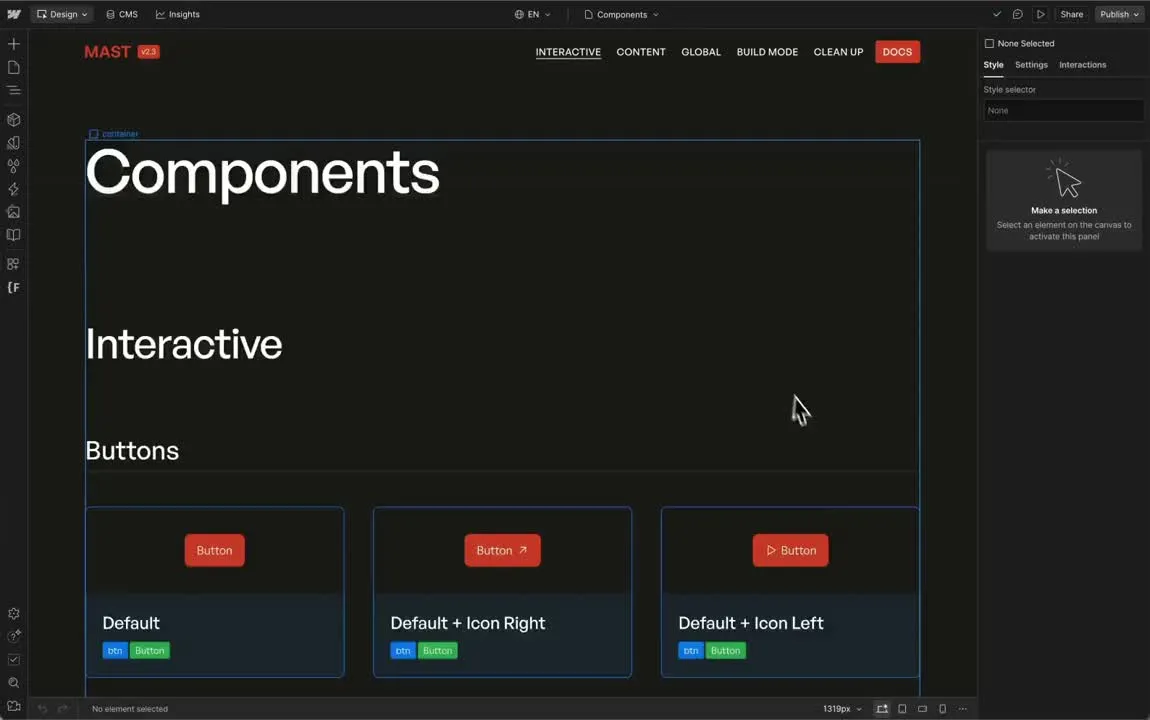 User interface of a web design tool displaying MAST components with interactive button examples including default, default with right icon, and default with left icon.
