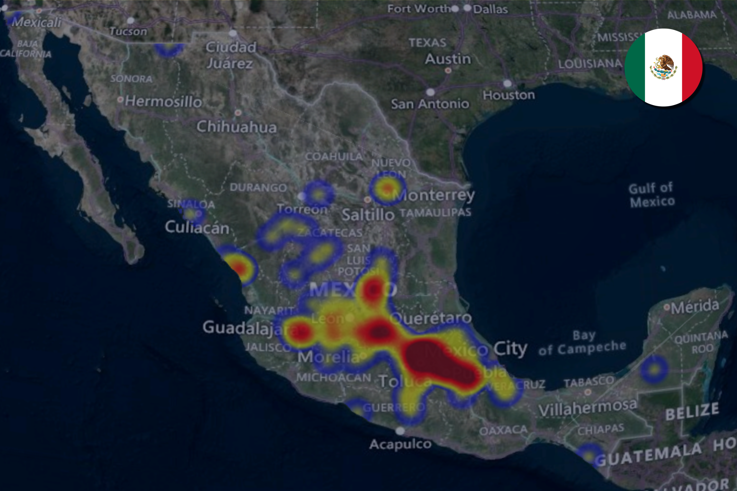Heatmap showing cargo theft hotspots in Mexico, with high intensity areas around Mexico City, Puebla, Querétaro, Guadalajara, and León.