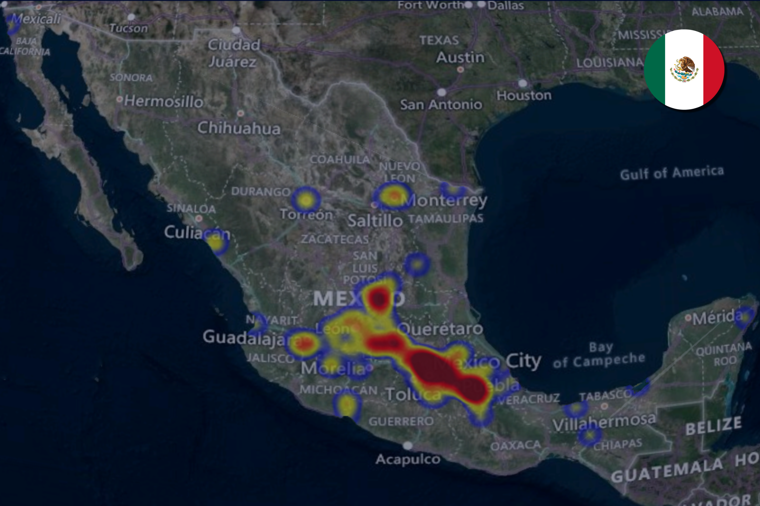 Heatmap of cargo theft incidents in Mexico, showing highest concentration around Mexico City and surrounding areas.
