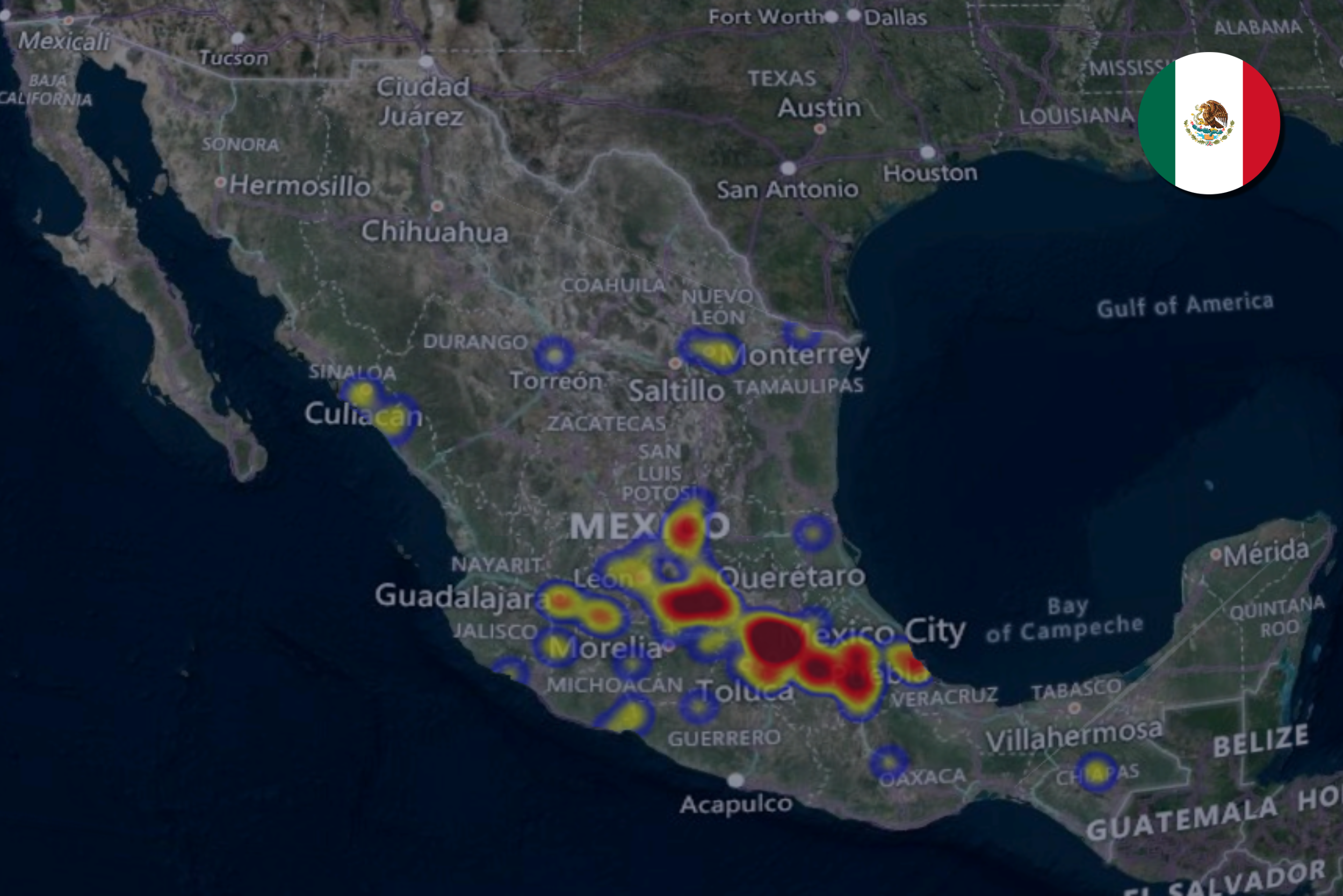 Heatmap showing cargo theft hotspots in Mexico concentrated from Mexico City westward to Guadalajara and Morelia, with smaller hotspots near Culiacan, Monterrey, and Chiapas.