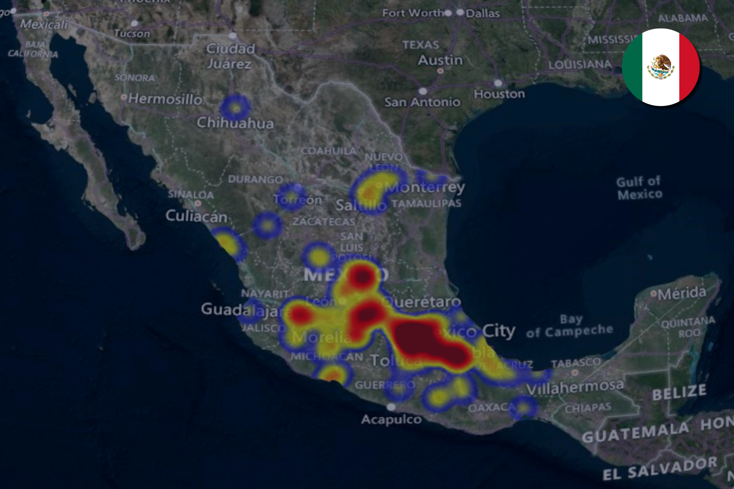 Heat map showing cargo theft hotspots in central and southern Mexico, with intense activity around Mexico City, Toluca, and Querétaro.