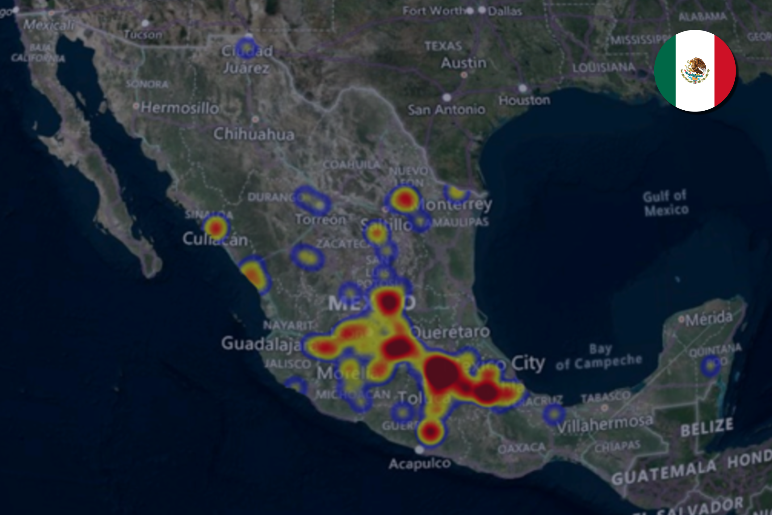 Heat map showing cargo theft hotspots across Mexico with highest concentrations near Mexico City, Guadalajara, and Culiacán.
