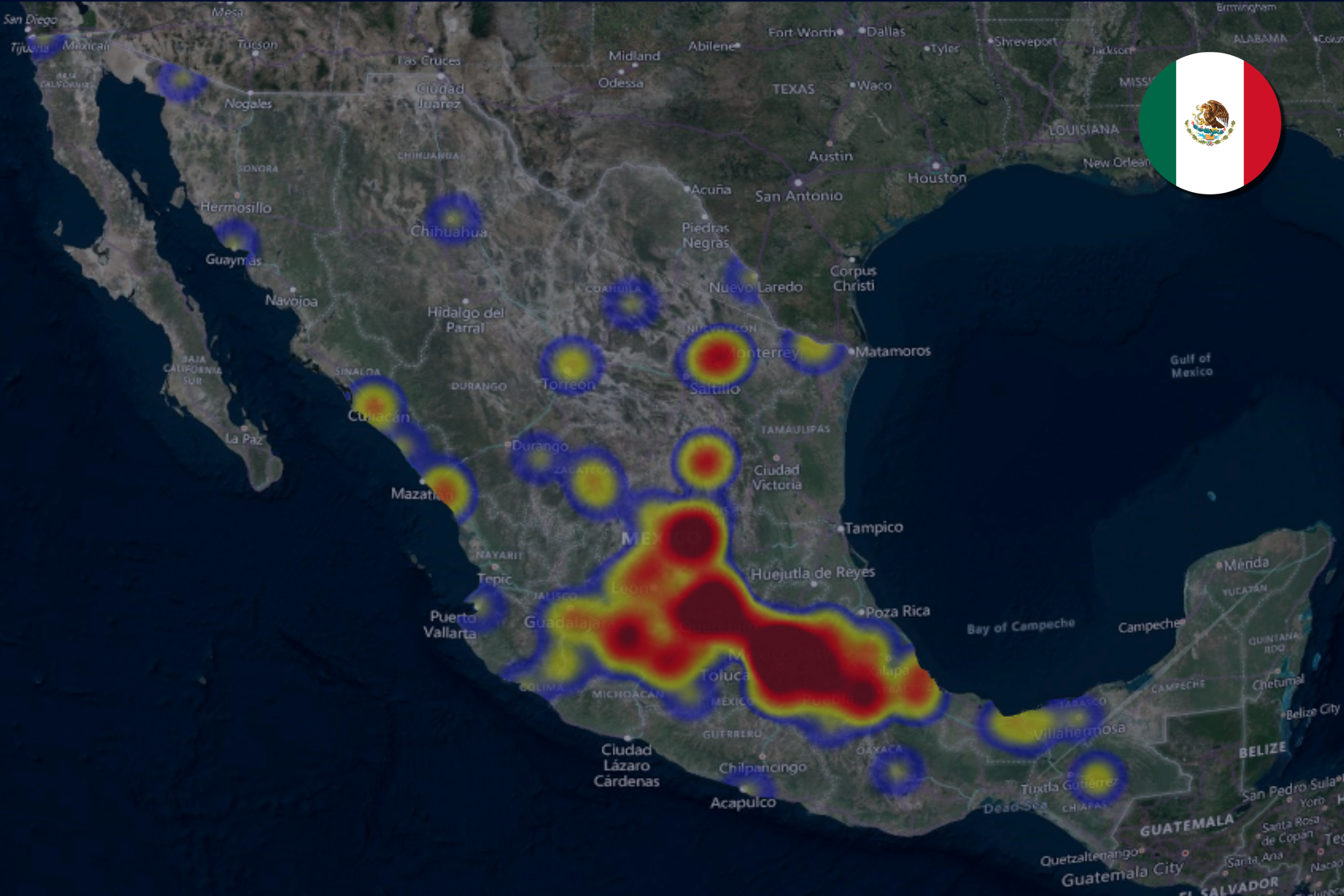 Heatmap showing cargo theft concentration across Mexico, with the highest intensity in central and southern regions, including areas near Mexico City, Guadalajara, and Puebla.