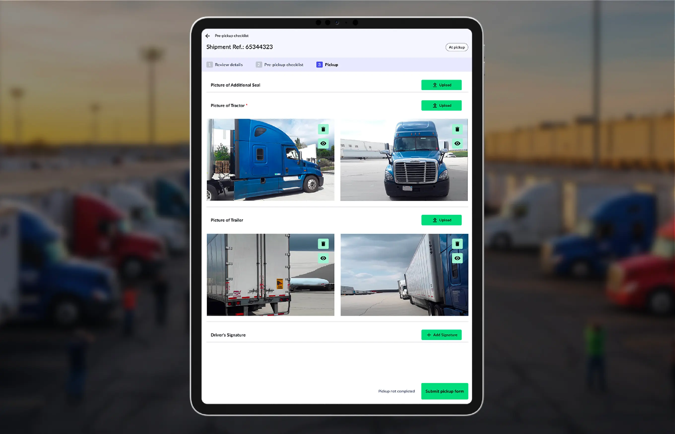 Tablet screen displaying a shipment pre-pickup checklist with photos of a blue tractor truck from side and front views, photos of a trailer from rear and side views, and buttons for uploading images, adding signature, and submitting the pickup form.