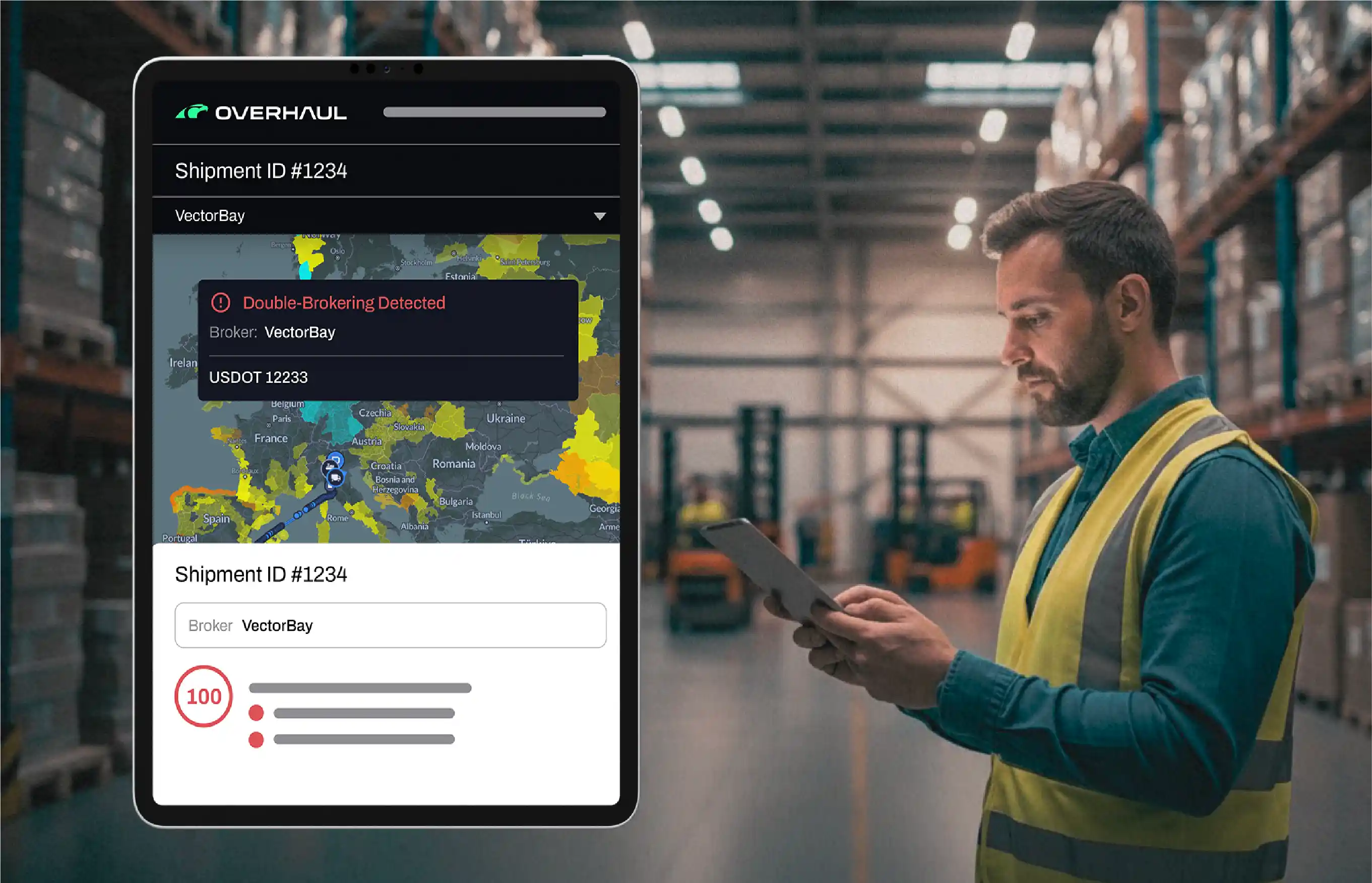 Warehouse worker in a yellow safety vest using a tablet with a shipment tracking app displaying a double-brokering alert for Shipment ID #1234.