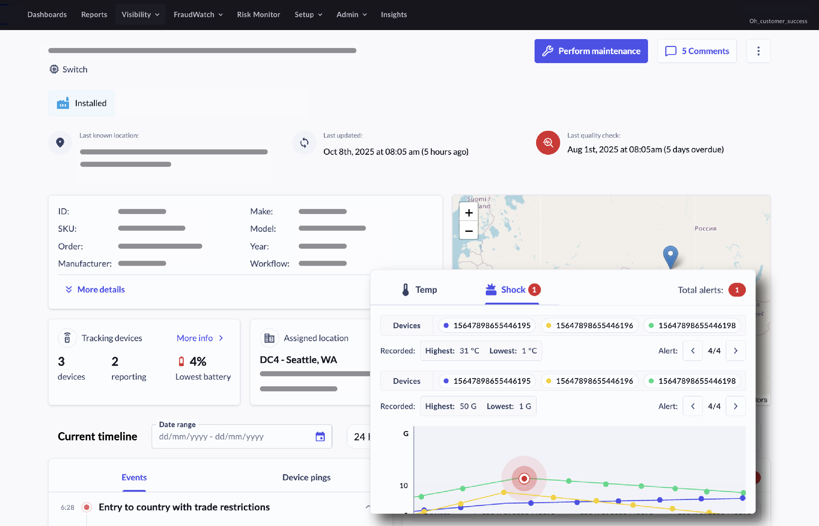 Dashboard screen showing switch device details, battery status, location in Seattle, WA, last update, quality check overdue, and alerts for temperature and shock with a graph highlighting shock alerts.